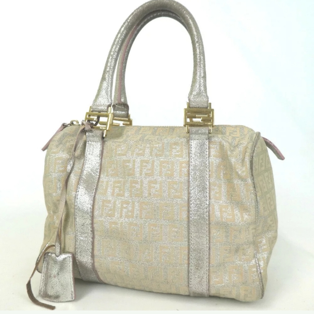 AUTHENTIC FENDI  Metallic Jacquard Zucchino Mini Forever Boston Gold Silver